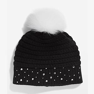 Carolyn Rowan Crystal Cashmere Beanie w/fox Fur Pompom